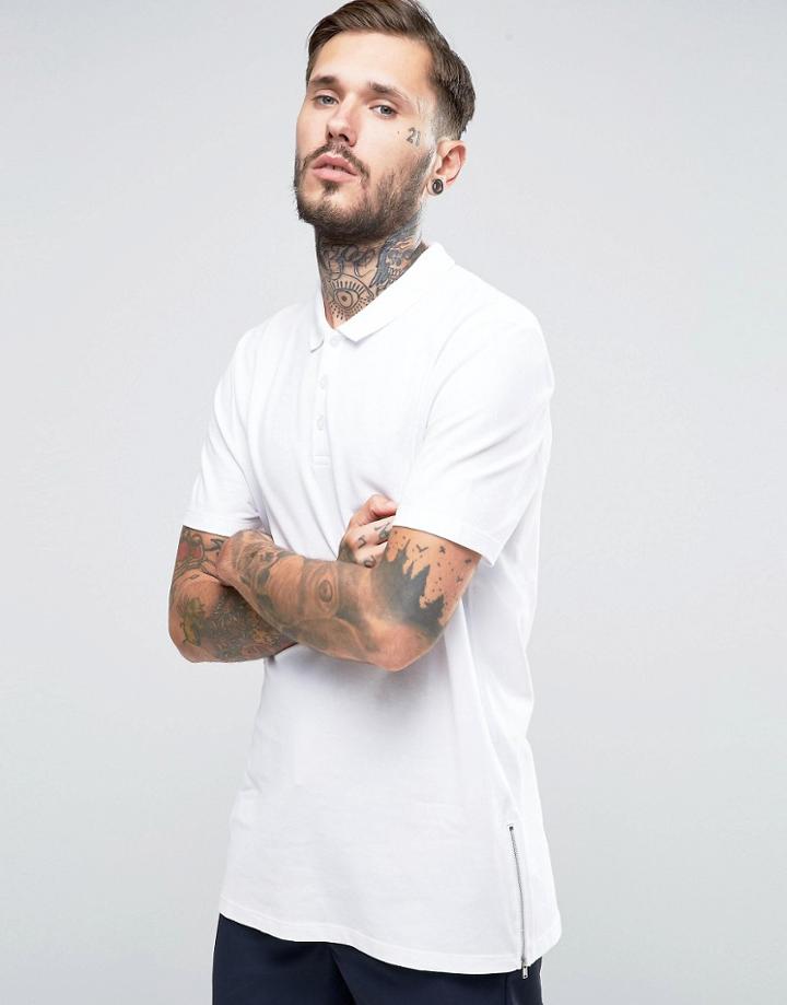 Asos Longline Skater Fit Pique Polo Shirt In White With Zips - White