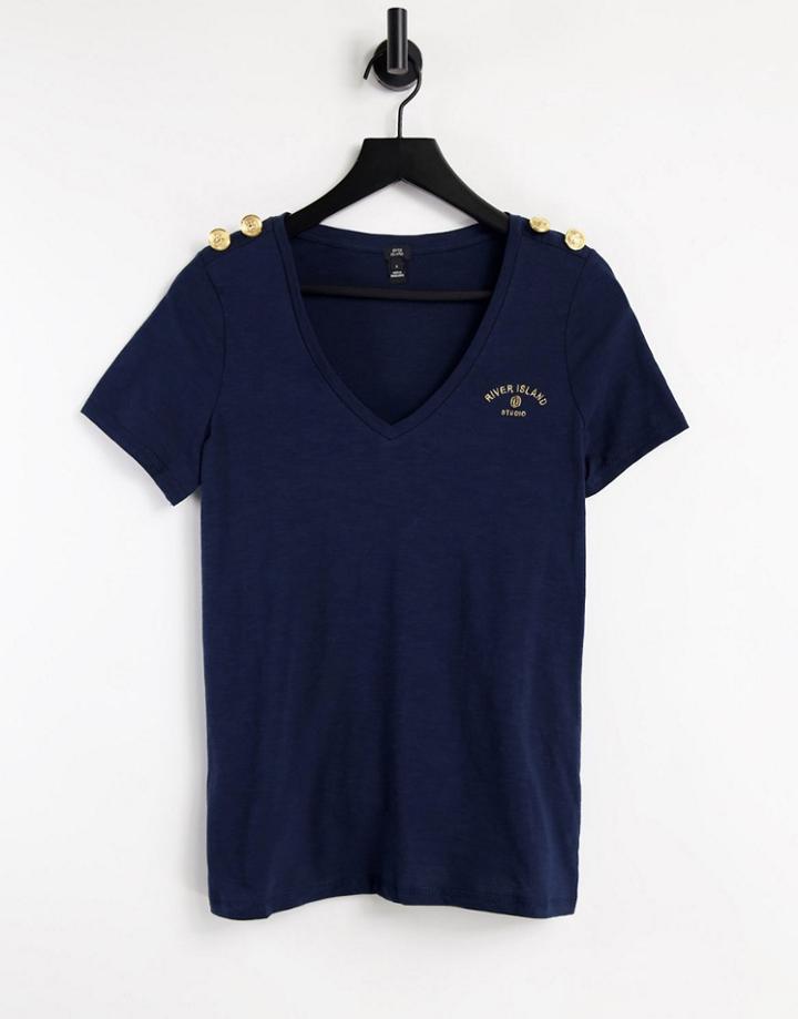 River Island Button Shoulder V-neck T-shirt In Navy