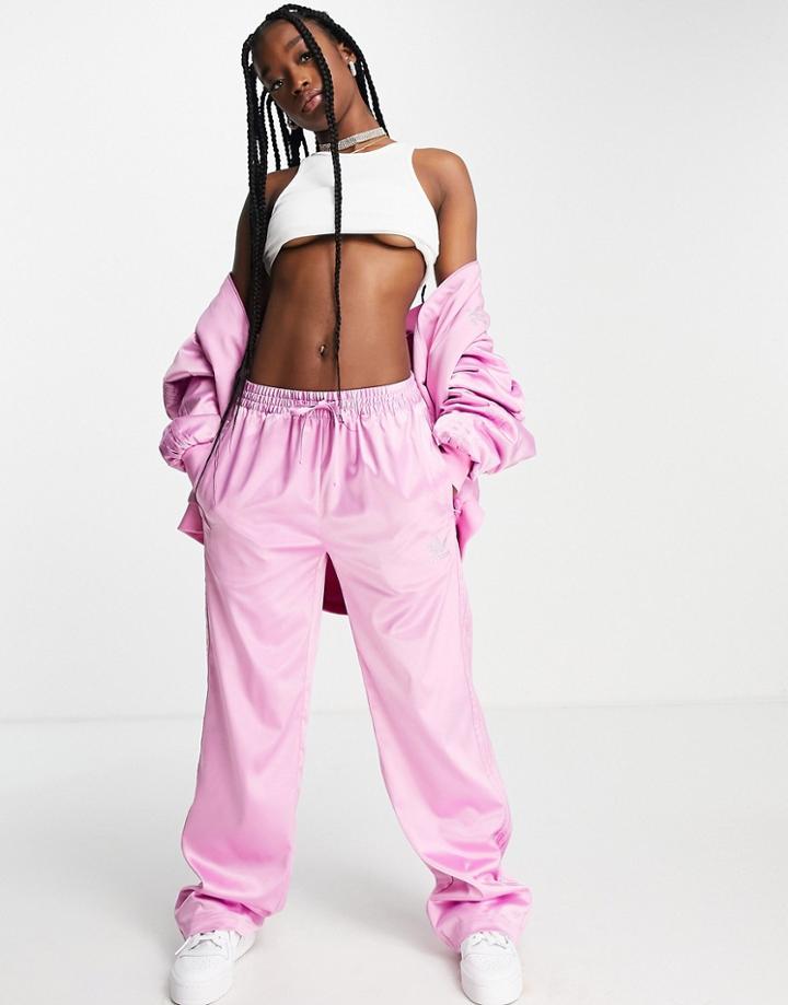 Adidas Originals Satin Wide Leg Pants In Pink With Rhinestone Logo