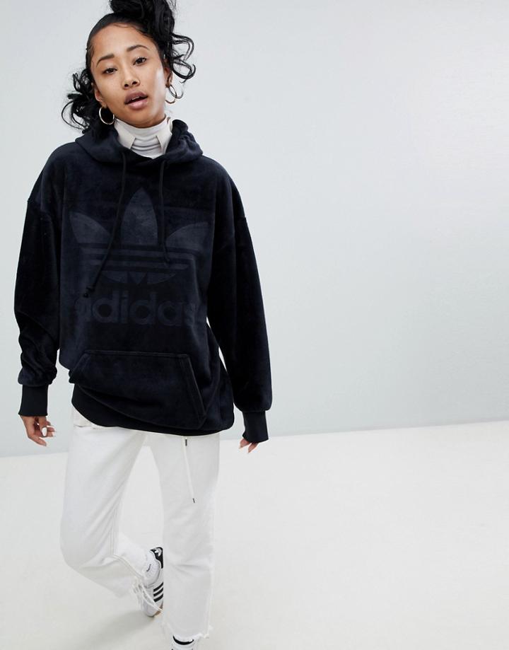 Adidas Originals Velour Oversized Hoodie In Black - Black