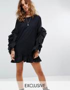 Reclaimed Vintage Inspired Long Sleeve T-shirt Dress With Ruffle Sleeve - Black