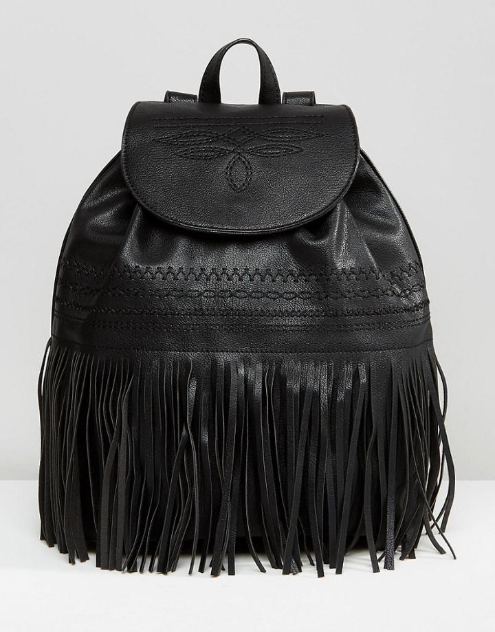 Mango Embroidered Fringed Backpack - Black