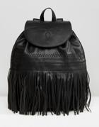 Mango Embroidered Fringed Backpack - Black