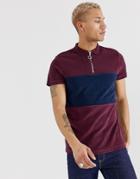 Asos Design Polo Shirt With Zip Neck And Contrast Panel In Towelling - Red