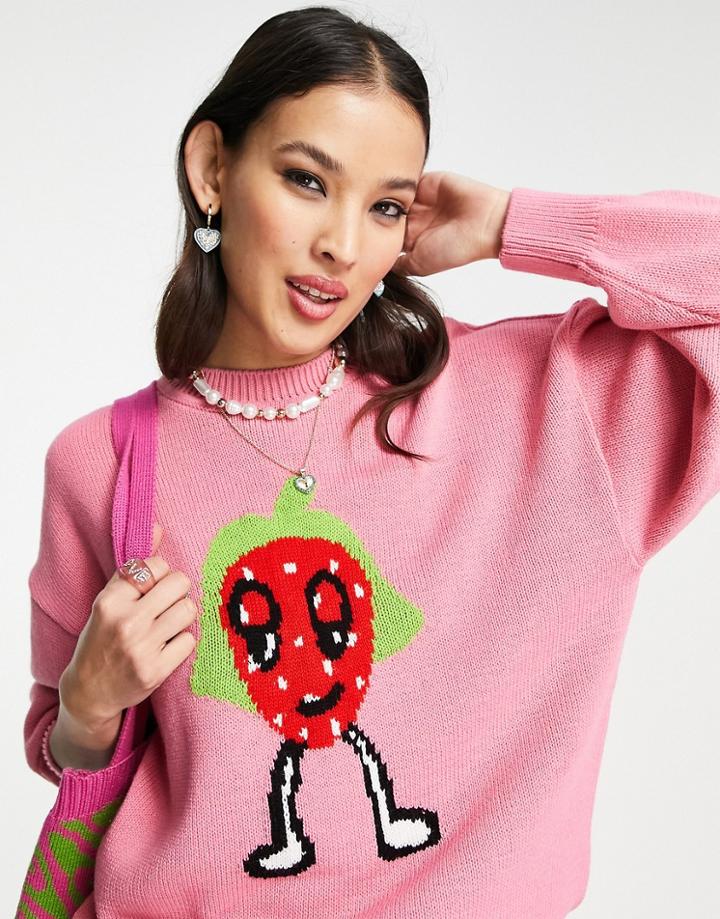 Asos Design Sweater With Strawberry Pattern In Pink