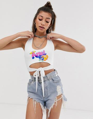 O Mighty Halter Neck Crop Top With Tie Front & Retro Angel Graphic-white