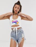 O Mighty Halter Neck Crop Top With Tie Front & Retro Angel Graphic-white