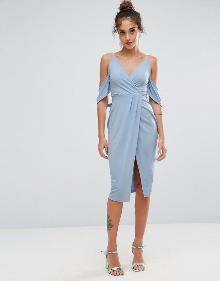 Asos Crepe Wrap Front Bardot Midi Dress - Blue