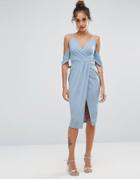 Asos Crepe Wrap Front Bardot Midi Dress - Blue