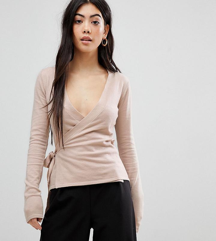 Fashion Union Petite Wrap Tie Sweater - Beige