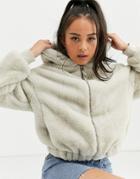 Bershka Faux Fur Zip Up Coat With Hood In Light Gray