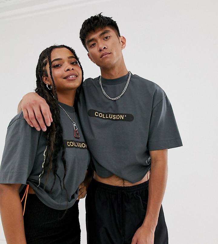Collusion Unisex Cropped T-shirt With Elasticated Sides - Gray