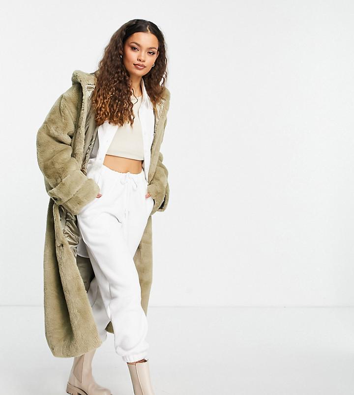 Asos Design Petite Hooded Faux Fur Maxi Coat In Sage-green