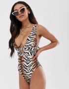 Asos Design Fuller Bust Plunge Swimsuit In Natural Tiger Print Dd-g-multi