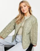 Pull & Bear Quilted Coat With Pockets In Khaki-green