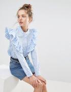 Asos Ruffle Shirt In Gingham - Blue