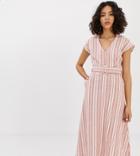 Native Youth Maxi Shirt Dress With Belt In Linen Stripe - Red