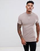 Asos Design Muscle Fit T-shirt With Zip Turtleneck In Beige - Beige