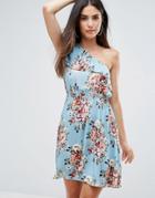 Club L One Shoulder Floral Printed Dress - Blue