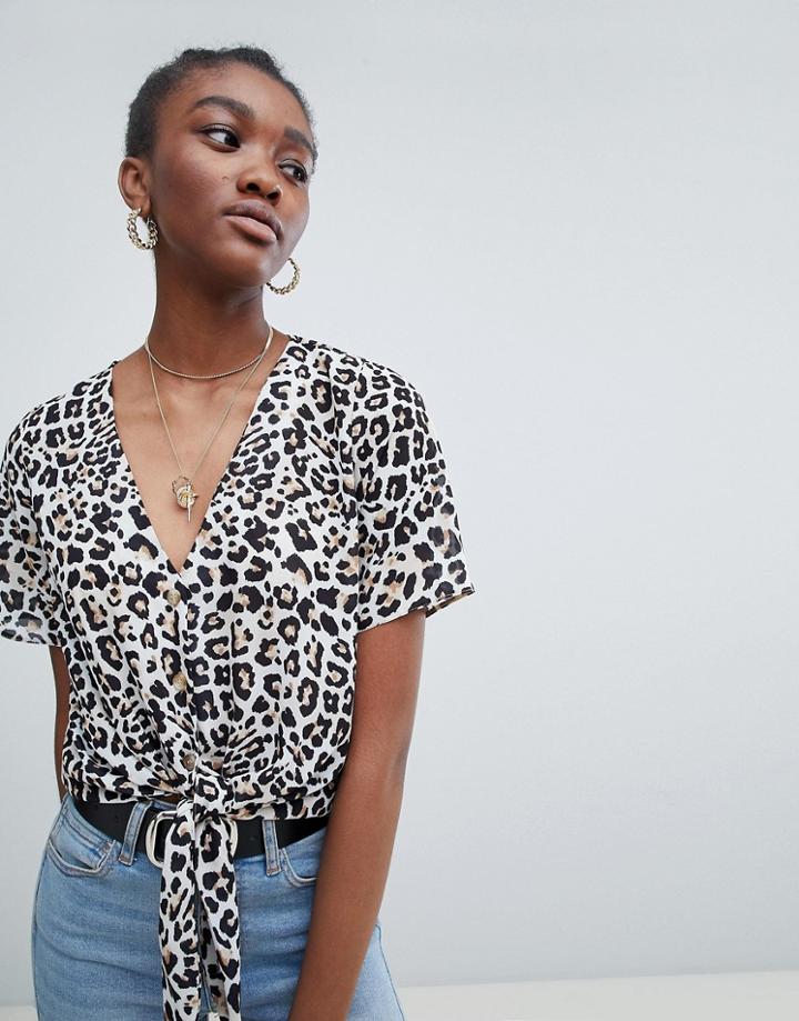 New Look Leopard Print Tie Front Shirt - Brown
