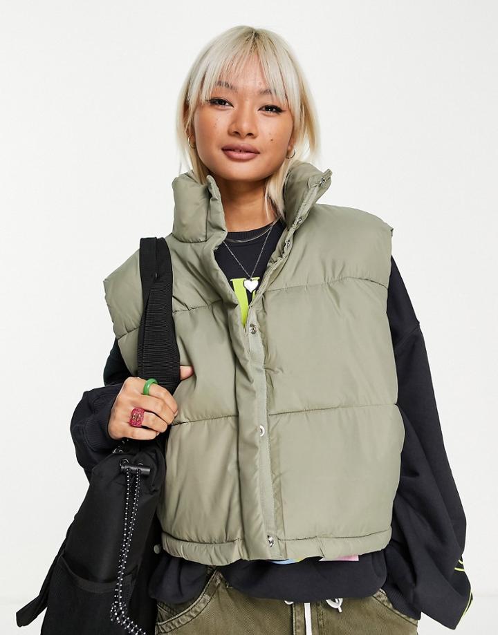 Weekday Cut Recycled Polyester Crop Padded Vest In Gray Khaki-green