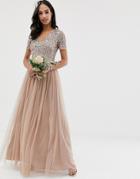 Maya Bridesmaid V Neck Maxi Tulle Dress With Tonal Delicate Sequins In Taupe Blush - Brown