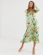 Asos Design Tie Front Midi Dress In Vintage Floral Print-multi