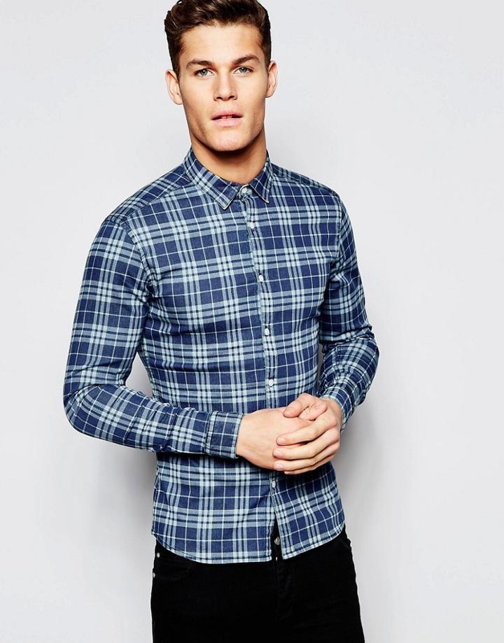 Asos Skinny Denim Shirt With Check In Rinse Wash - Rinse