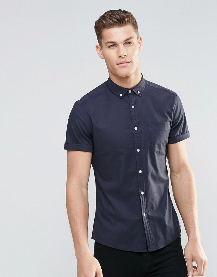 Asos Skinny Oxford Shirt In Dark Navy With Short Sleeves - Dk Navy