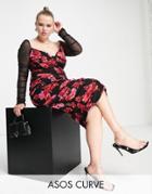 Asos Design Curve Mesh Long Sleeve Ruched Midi Dress In Pink Floral Print-multi