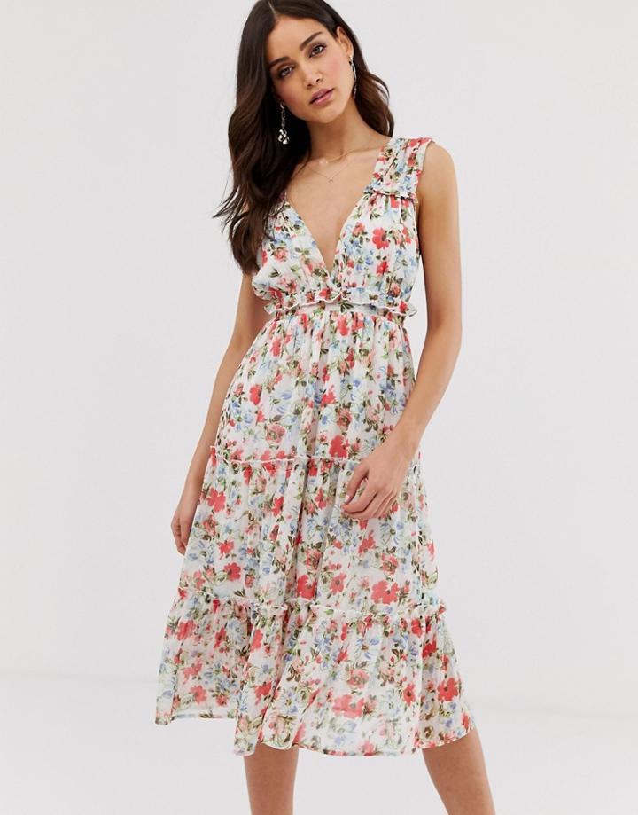 Vila Watercolor Floral Midi Dress - White