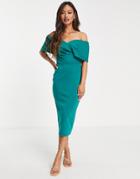True Violet Off Shoulder Body-conscious Midi Dress In Emerald Green