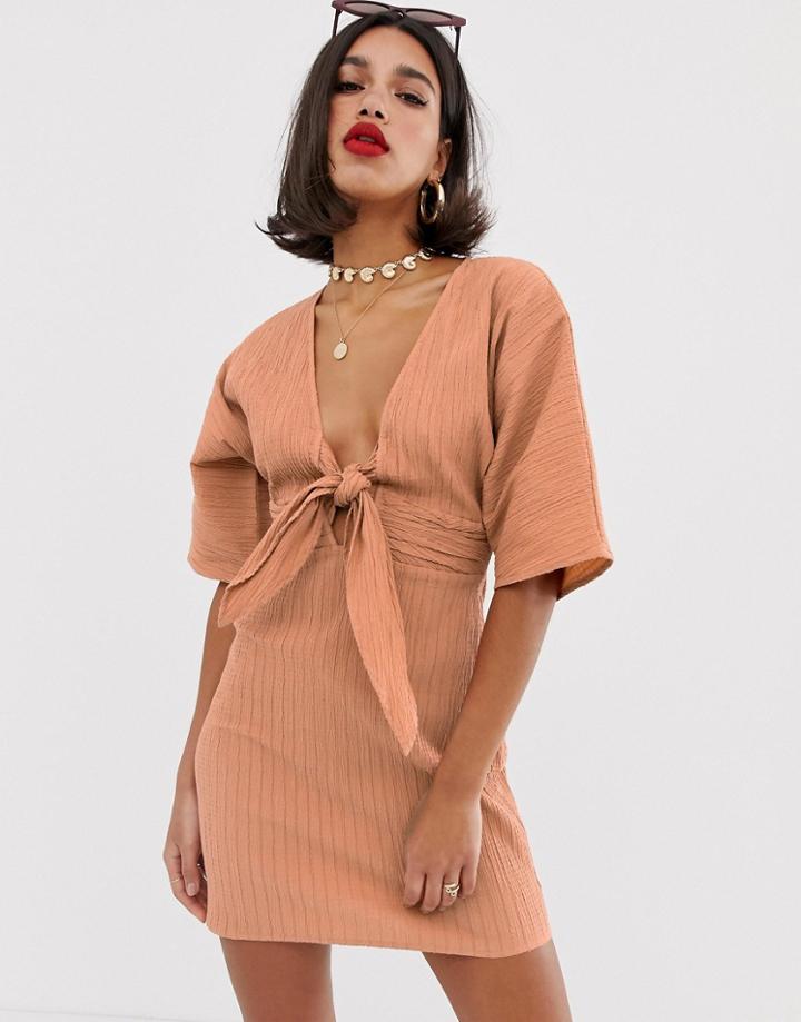 Asos Design Kimono Sleeve Twist Front Mini Dress In Texture-orange