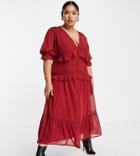Asos Design Curve Button Through Lace Insert Tiered Midi Dress In Oxblood