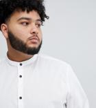 Asos Design Plus Slim Shirt With Grandad Collar & Contrast Buttons-white