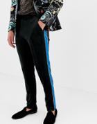 Asos Design Skinny Smart Pants In Black Velvet With Blue Side Stripe