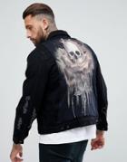 Religion Denim Jacket With Skull Rose Patch - Black