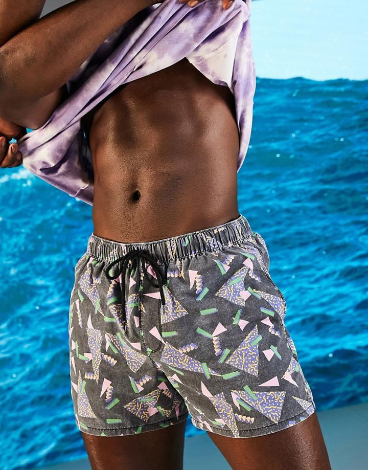 Asos Design Swim Shorts In Acid Wash And Retro Print Short Length-grey