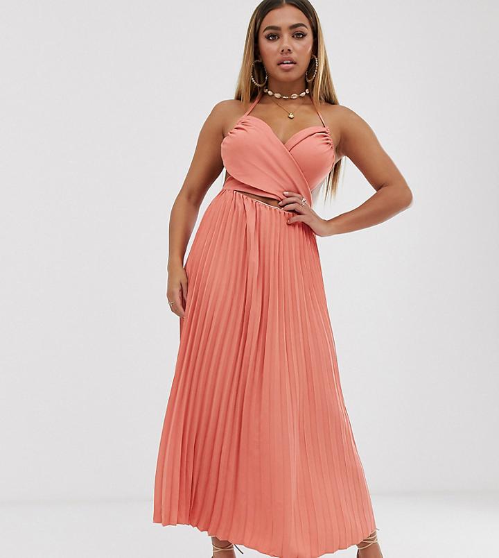 Fashion Union Petite Midi Dress With Pleated Skirt And Cut Out Detail-orange