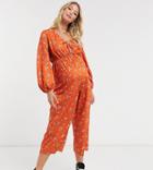 Asos Design Maternity Jersey Tie Front Long Sleeve Jumpsuit In Rust Ditsy Floral Print-multi