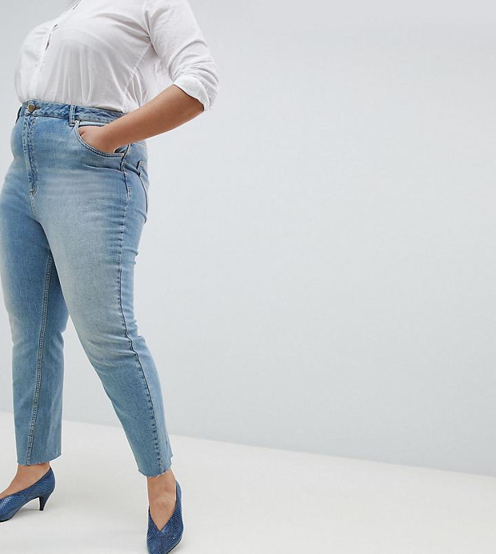 Asos Curve Farleigh High Waist Straight Leg Jeans In Dusty Mid Wash With Raw Hem - Blue