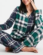 Chelsea Peers Cotton Revere Top And Trouser Pyjama Set In Contrast Check Print - Navy