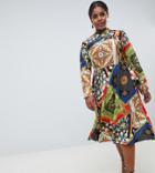 Asos Design Curve Scarf Print Midi Dress With Pleated Skirt - Multi