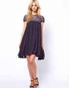 Lydia Bright Swing Dress With Mesh Lace Trim - Gray