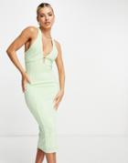 Asos Design Rib Under Bust Seam Halter Cross Back Midi Dress In Lime-multi