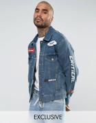 Jaded London Denim Jacket In Mid Blue With Print - Blue