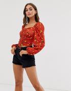 Asos Design Ruched Front Crop Top With Puff Sleeve In Ditsy Print - Multi