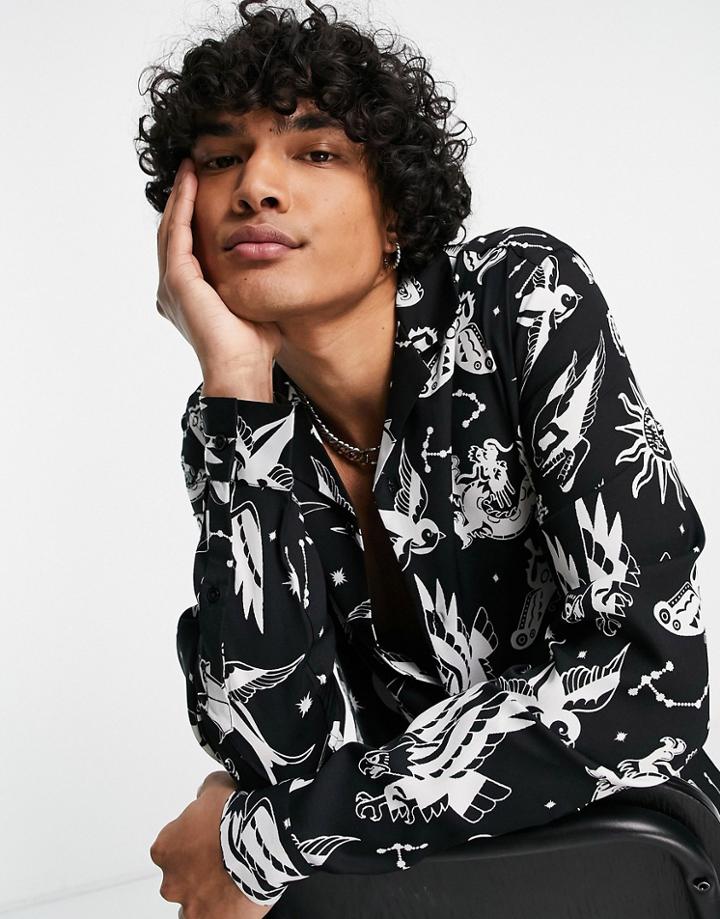 Asos Design Revere Shirt In Celestial Print-black