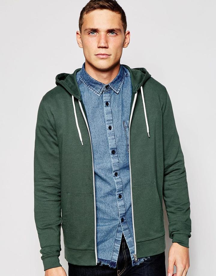 Asos Zip Up Hoodie In Green - Green