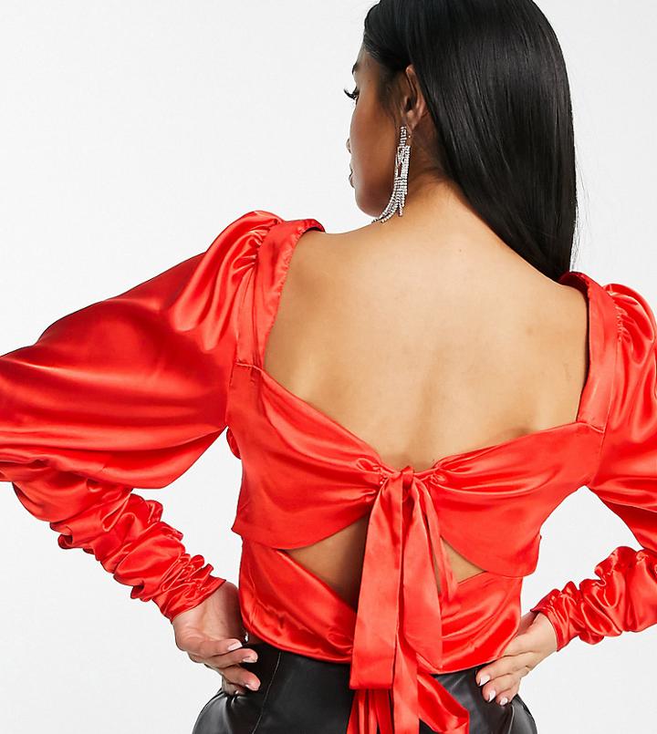 Collective The Label Petite Ruched Bow Back Crop Top In Postbox Red - Part Of A Set